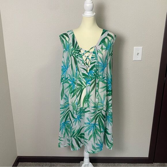 Portcruz Sheer White & Green Tropical Print Lace Up Cover Up Women's Size 2X - Picture 11 of 16